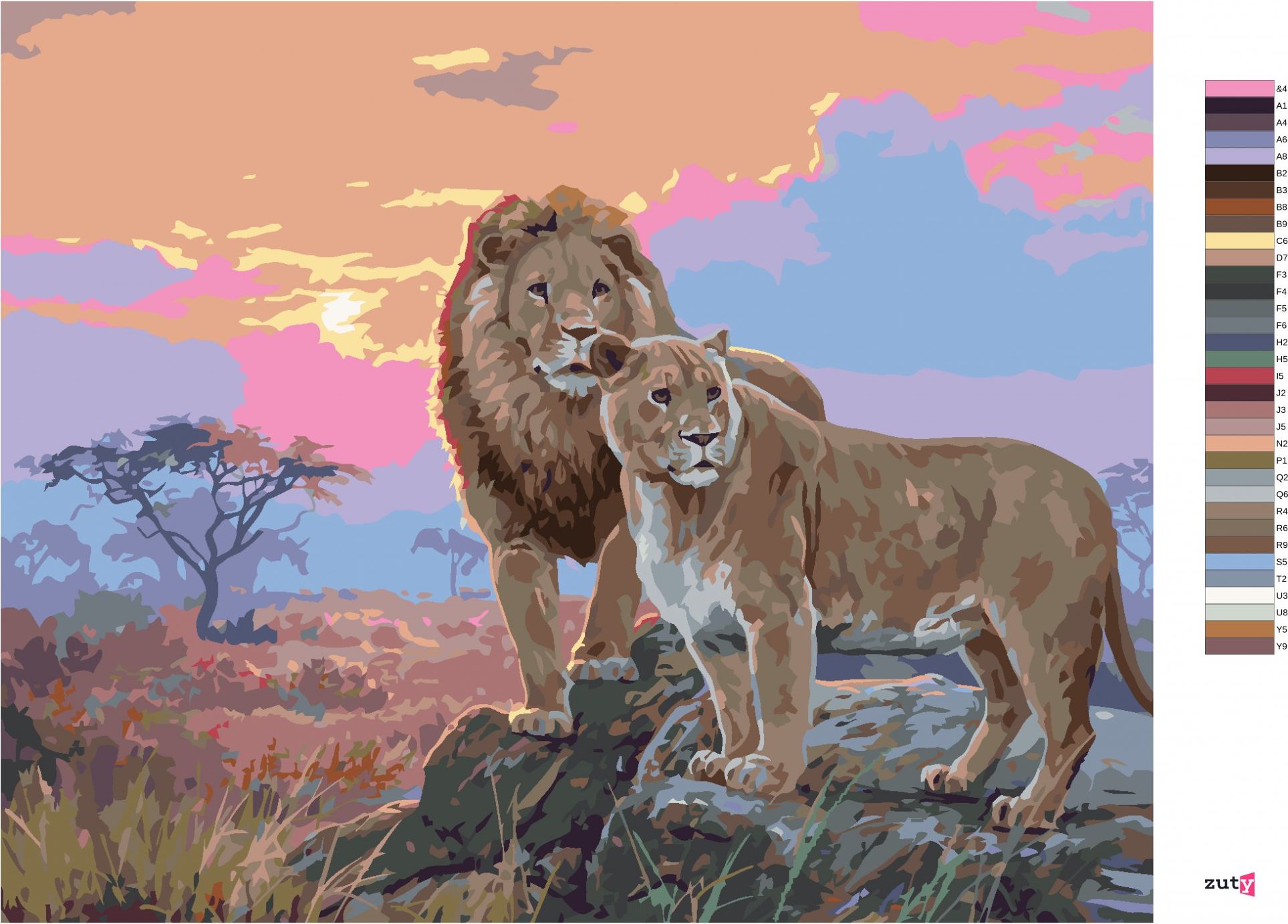 zuty Malování podle čísel - LEV A LVICE PŘI ZÁPADU SLUNCE (ABRAHAM HUNTER) - Rozměr: 40x50 cm, Rámování: Varianta: vypnuté plátno na rám - obrázek 3