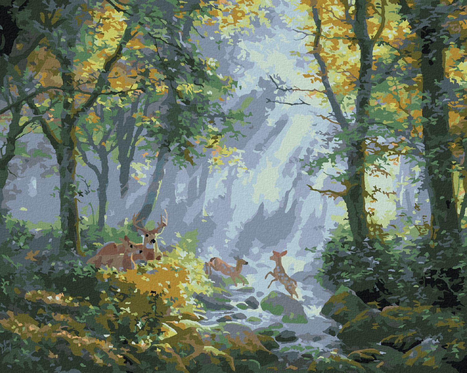 zuty Malování podle čísel - JELENNÍ RODINA U ŘEKY V LESE (ABRAHAM HUNTER) - Rozměr: 40x50 cm, Rámování: Varianta: vypnuté plátno na rám - obrázek 1