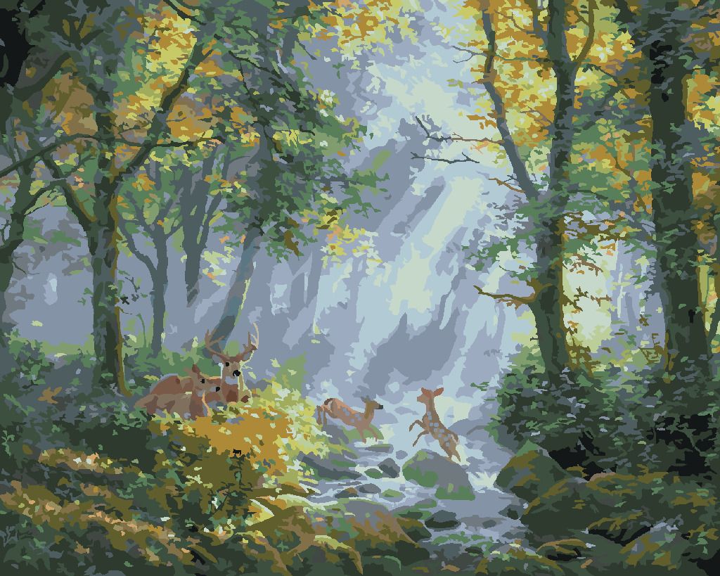 zuty Malování podle čísel - JELENNÍ RODINA U ŘEKY V LESE (ABRAHAM HUNTER) - Rozměr: 40x50 cm, Rámování: Varianta: vypnuté plátno na rám - obrázek 2