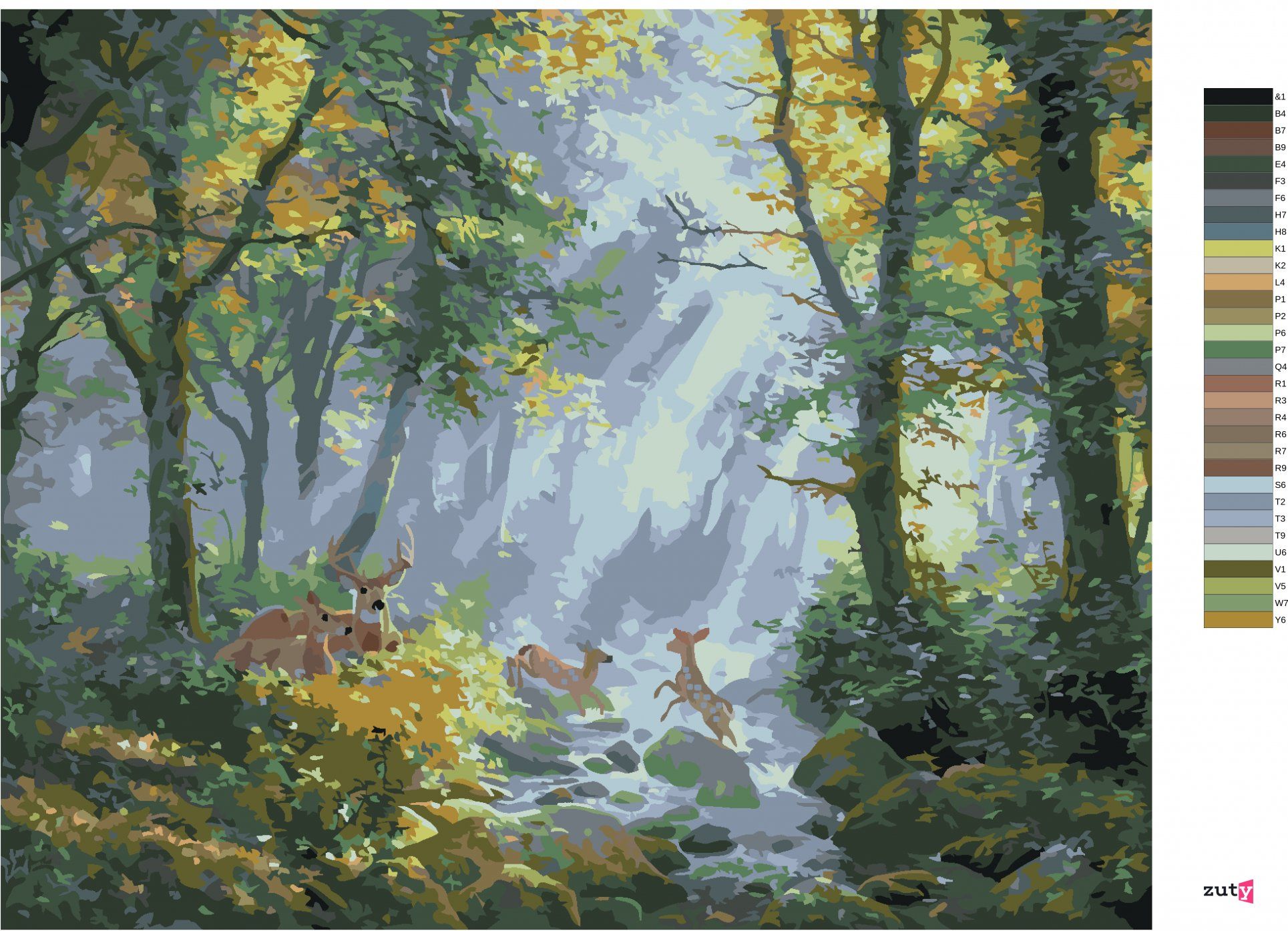 zuty Malování podle čísel - JELENNÍ RODINA U ŘEKY V LESE (ABRAHAM HUNTER) - Rozměr: 40x50 cm, Rámování: Varianta: vypnuté plátno na rám - obrázek 7