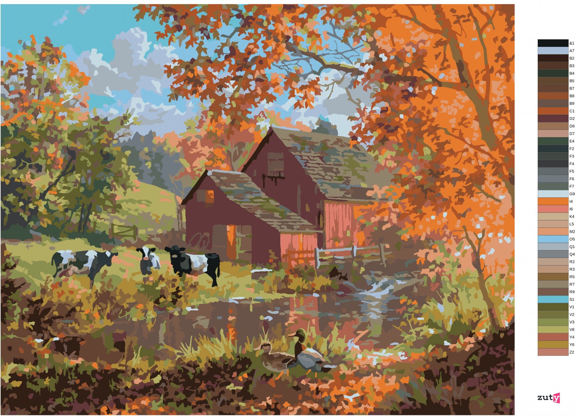 zuty Malování podle čísel - KRÁVY A KACHNY U JEZERA NA FARMĚ (ABRAHAM HUNTER) - Rozměr: 40x50 cm, Rámování: Varianta: vypnuté plátno na rám - obrázek 4