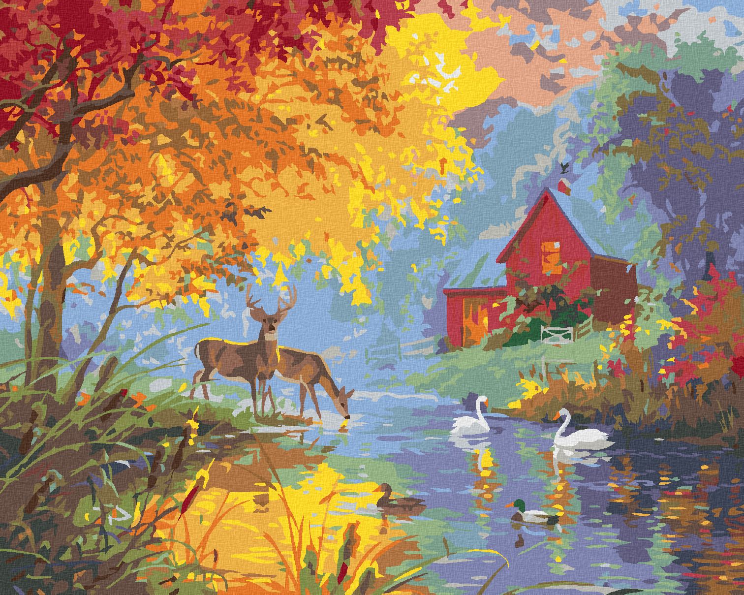 zuty Malování podle čísel - SRNEC, KACHNA A LABUŤ NA RYBNÍKU NA JAŘE (ABRAHAM HUNTER) - Rozměr: 40x50 cm, Rámování: Varianta: vypnuté plátno na rám - obrázek 1