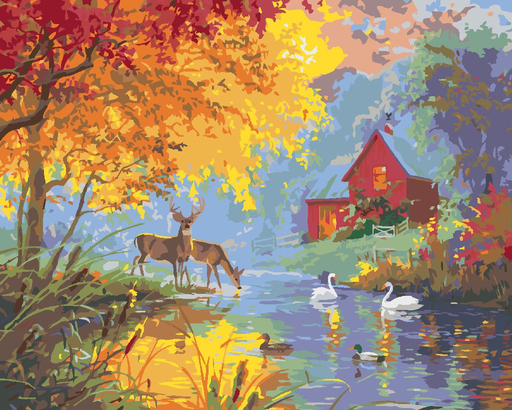 zuty Malování podle čísel - SRNEC, KACHNA A LABUŤ NA RYBNÍKU NA JAŘE (ABRAHAM HUNTER) - Rozměr: 40x50 cm, Rámování: Varianta: vypnuté plátno na rám - obrázek 3