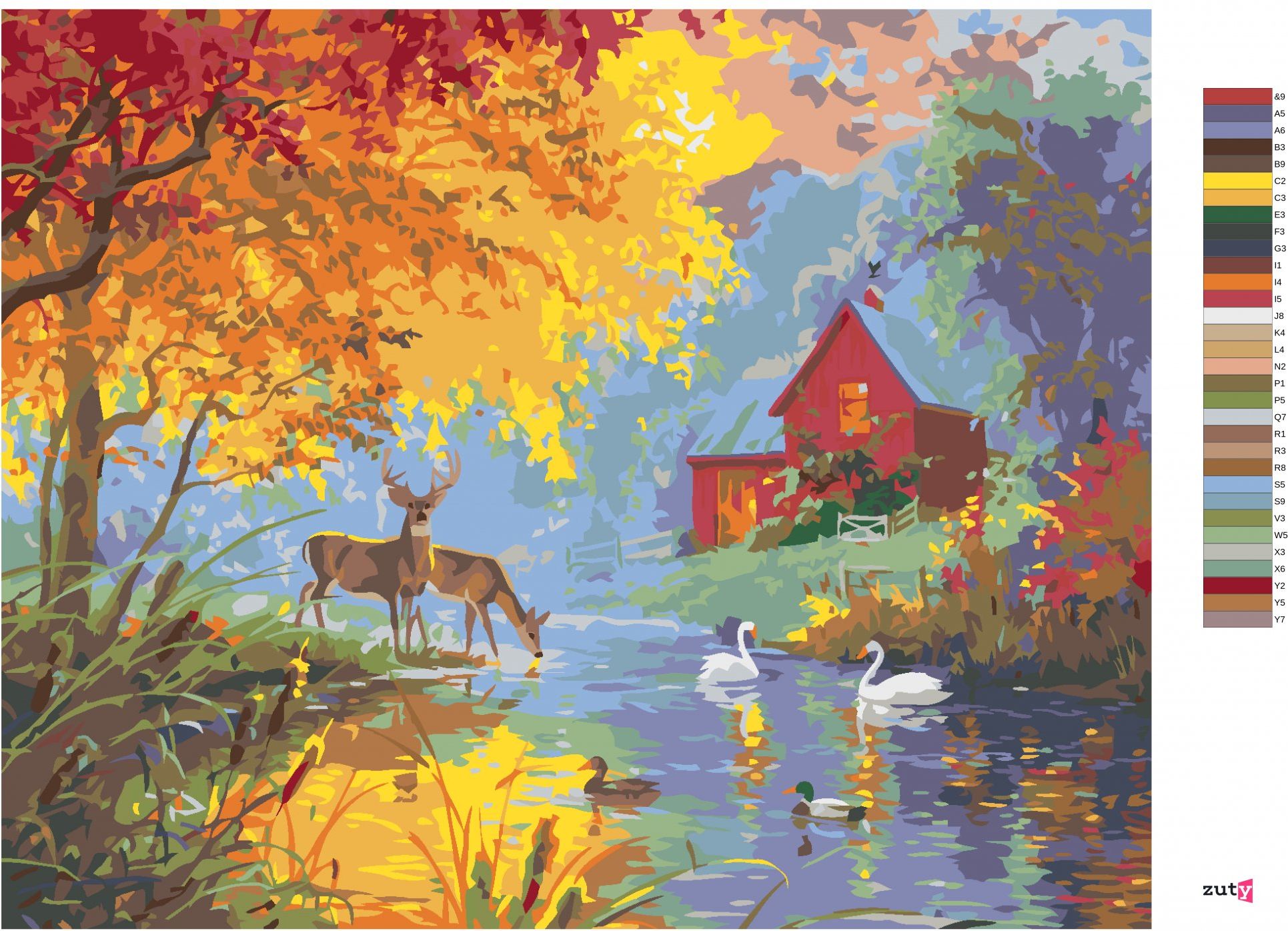 zuty Malování podle čísel - SRNEC, KACHNA A LABUŤ NA RYBNÍKU NA JAŘE (ABRAHAM HUNTER) - Rozměr: 40x50 cm, Rámování: Varianta: vypnuté plátno na rám - obrázek 4