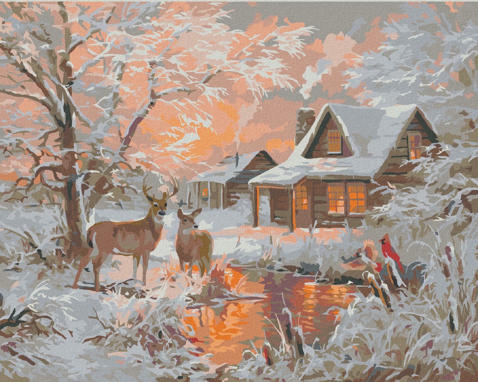 zuty Malování podle čísel - SRNEC, RYBNÍK, PTÁK KARDINÁL A CHATA V ZIMĚ (ABRAHAM HUNTER) - Rozměr: 40x50 cm, Rámování: Varianta: vypnuté plátno na rám - obrázek 1