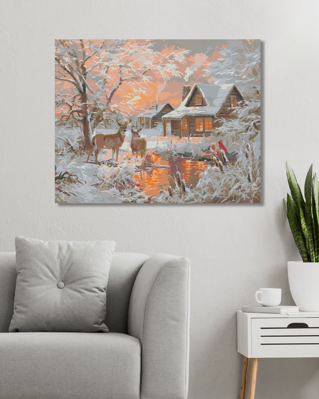 zuty Malování podle čísel - SRNEC, RYBNÍK, PTÁK KARDINÁL A CHATA V ZIMĚ (ABRAHAM HUNTER) - Rozměr: 40x50 cm, Rámování: Varianta: vypnuté plátno na rám - obrázek 2