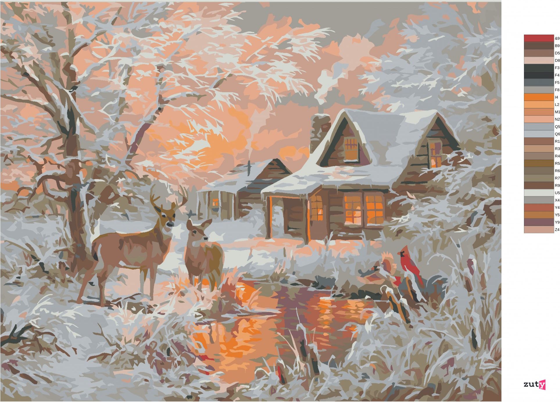 zuty Malování podle čísel - SRNEC, RYBNÍK, PTÁK KARDINÁL A CHATA V ZIMĚ (ABRAHAM HUNTER) - Rozměr: 40x50 cm, Rámování: Varianta: vypnuté plátno na rám - obrázek 7