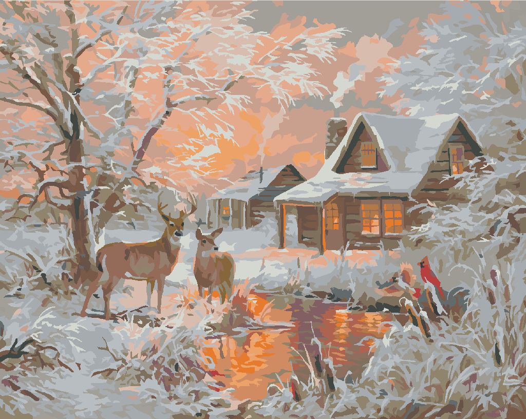 zuty Malování podle čísel - SRNEC, RYBNÍK, PTÁK KARDINÁL A CHATA V ZIMĚ (ABRAHAM HUNTER) - Rozměr: 40x50 cm, Rámování: Varianta: vypnuté plátno na rám - obrázek 8