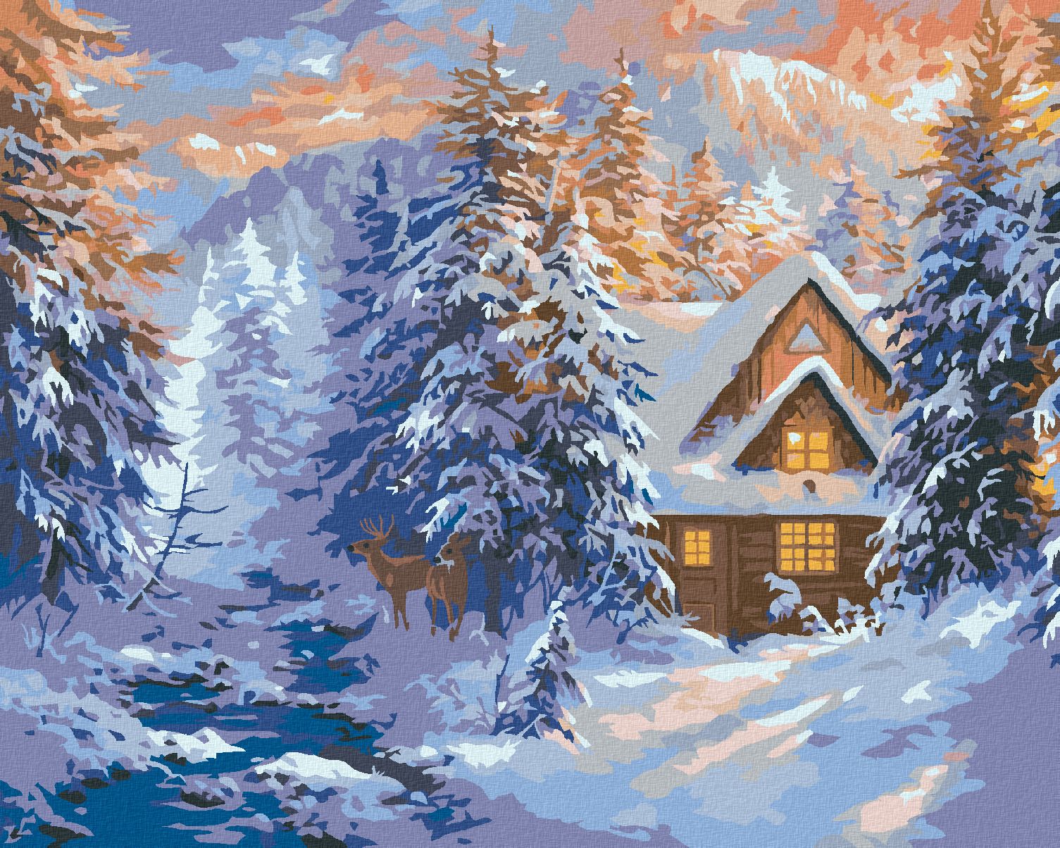 zuty Malování podle čísel - SRNEC, CHATA V HORÁCH A ŘEKA V ZIMĚ (ABRAHAM HUNTER) - Rozměr: 40x50 cm, Rámování: Varianta: bez rámu a bez vypnutí plátna - obrázek 1