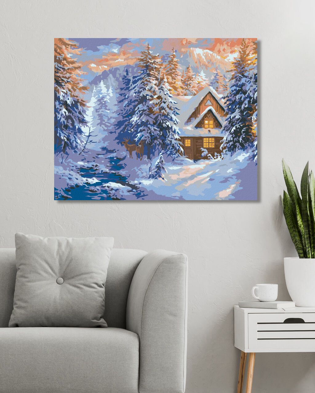 zuty Malování podle čísel - SRNEC, CHATA V HORÁCH A ŘEKA V ZIMĚ (ABRAHAM HUNTER) - Rozměr: 40x50 cm, Rámování: Varianta: bez rámu a bez vypnutí plátna - obrázek 3
