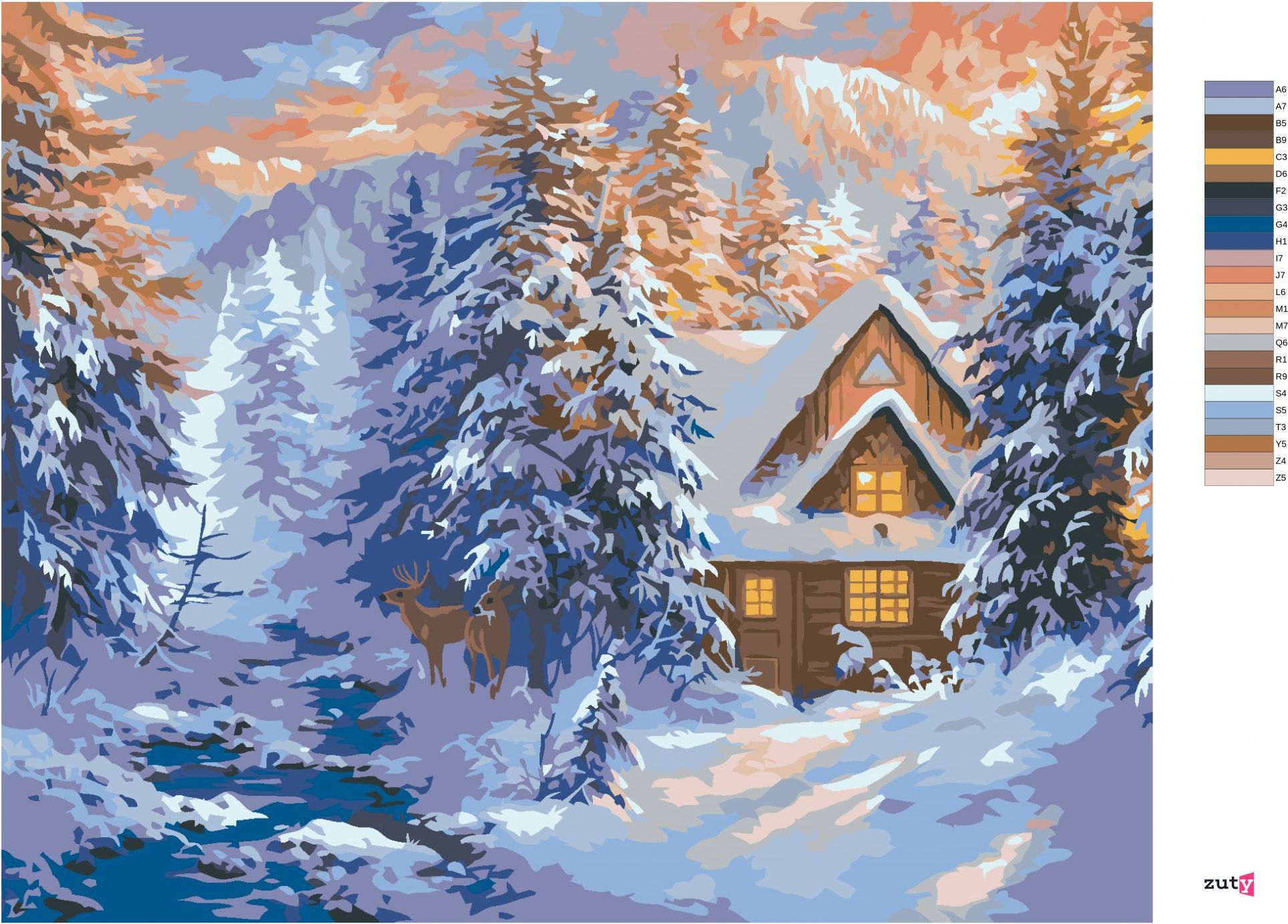 zuty Malování podle čísel - SRNEC, CHATA V HORÁCH A ŘEKA V ZIMĚ (ABRAHAM HUNTER) - Rozměr: 40x50 cm, Rámování: Varianta: bez rámu a bez vypnutí plátna - obrázek 6