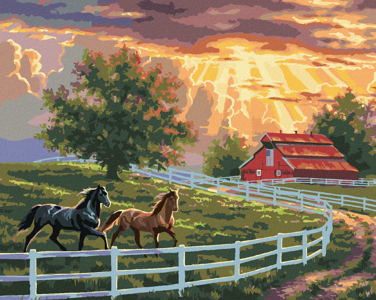 zuty Malování podle čísel - KONĚ V OHRADĚ, STÁJ A VÝCHOD SLUNCE (ABRAHAM HUNTER) - Rozměr: 40x50 cm, Rámování: Varianta: bez rámu a bez vypnutí plátna - obrázek 1