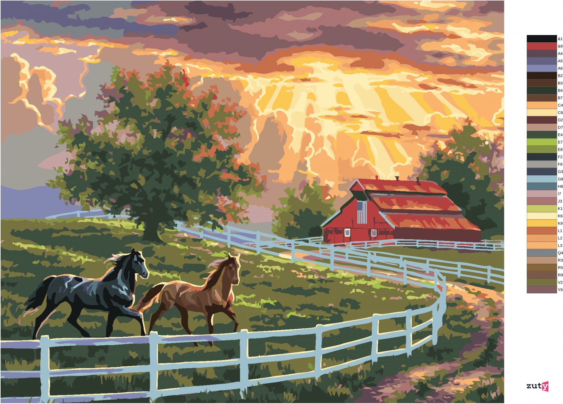 zuty Malování podle čísel - KONĚ V OHRADĚ, STÁJ A VÝCHOD SLUNCE (ABRAHAM HUNTER) - Rozměr: 40x50 cm, Rámování: Varianta: bez rámu a bez vypnutí plátna - obrázek 3