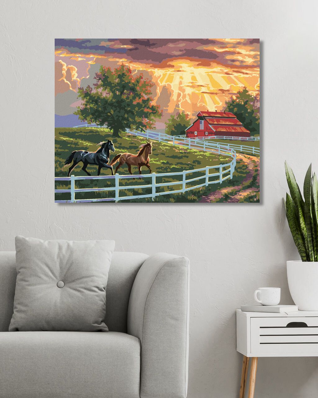 zuty Malování podle čísel - KONĚ V OHRADĚ, STÁJ A VÝCHOD SLUNCE (ABRAHAM HUNTER) - Rozměr: 40x50 cm, Rámování: Varianta: bez rámu a bez vypnutí plátna - obrázek 5