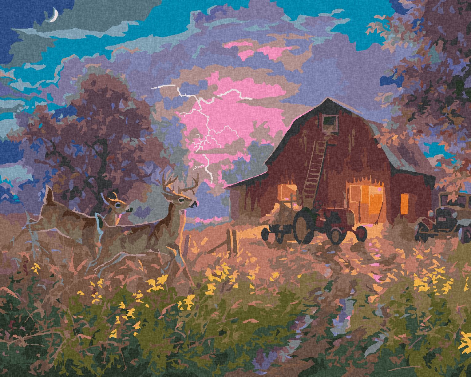 zuty Malování podle čísel - SRNEC, TRAKTOR A STODOLA PŘI BOUŘIVÉ NOCI (ABRAHAM HUNTER) - Rozměr: 40x50 cm, Rámování: Varianta: vypnuté plátno na rám - obrázek 1