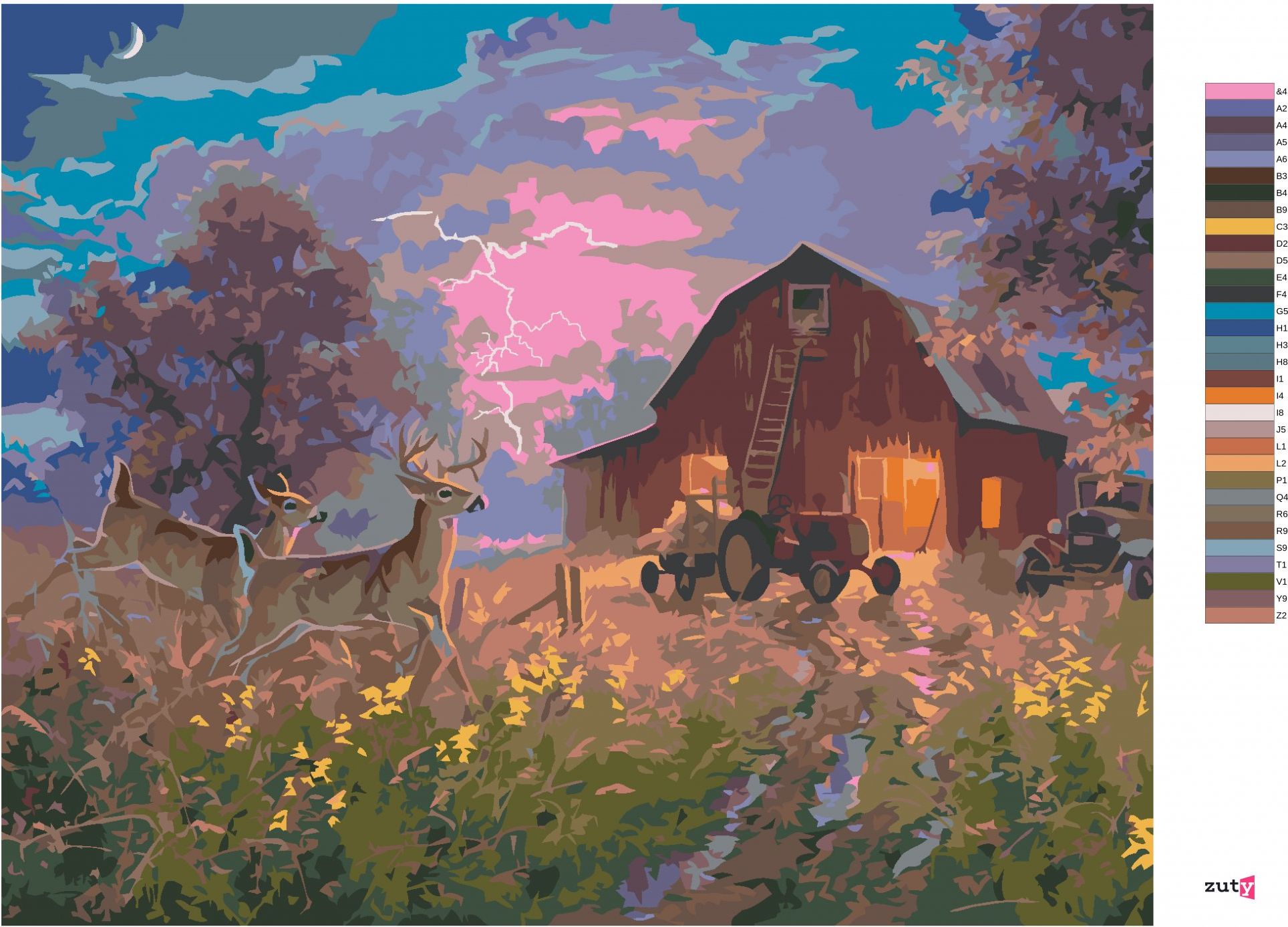 zuty Malování podle čísel - SRNEC, TRAKTOR A STODOLA PŘI BOUŘIVÉ NOCI (ABRAHAM HUNTER) - Rozměr: 40x50 cm, Rámování: Varianta: vypnuté plátno na rám - obrázek 4