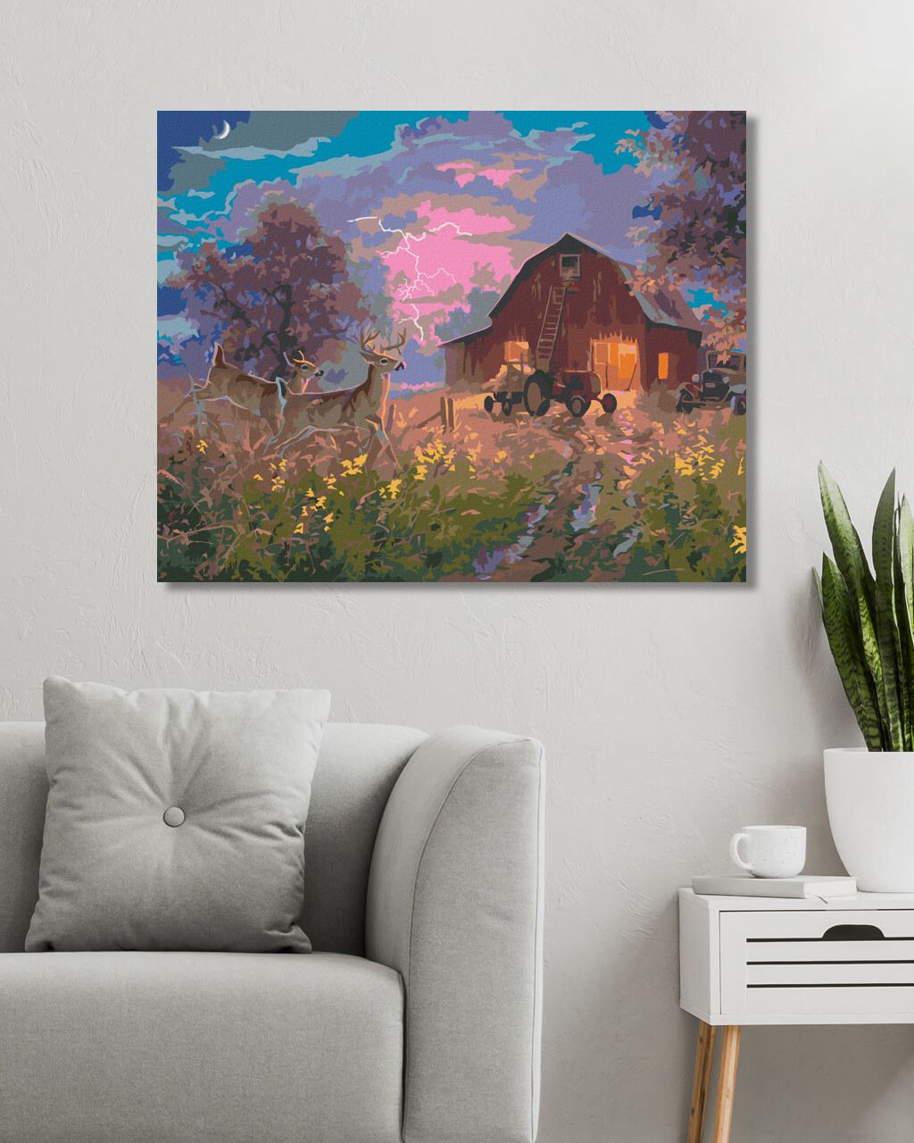 zuty Malování podle čísel - SRNEC, TRAKTOR A STODOLA PŘI BOUŘIVÉ NOCI (ABRAHAM HUNTER) - Rozměr: 40x50 cm, Rámování: Varianta: vypnuté plátno na rám - obrázek 10