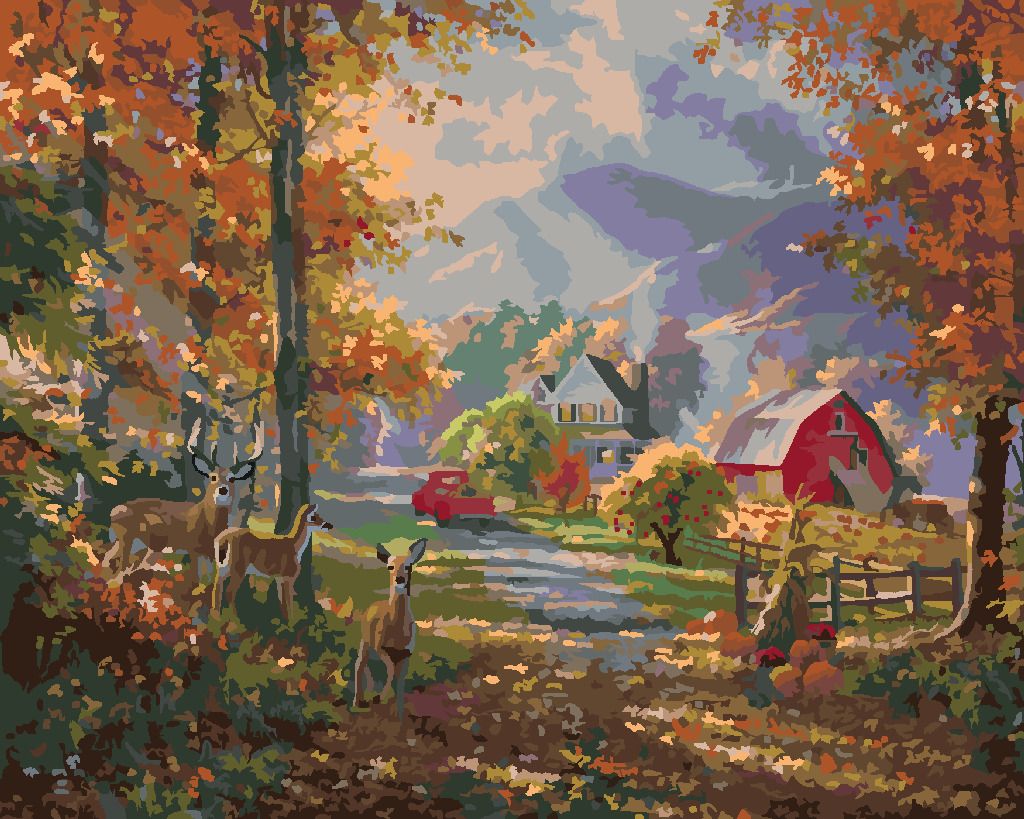 zuty Malování podle čísel - JELEN, FARMA A PODZIMNÍ STROMY (ABRAHAM HUNTER) - Rozměr: 40x50 cm, Rámování: Varianta: vypnuté plátno na rám - obrázek 2