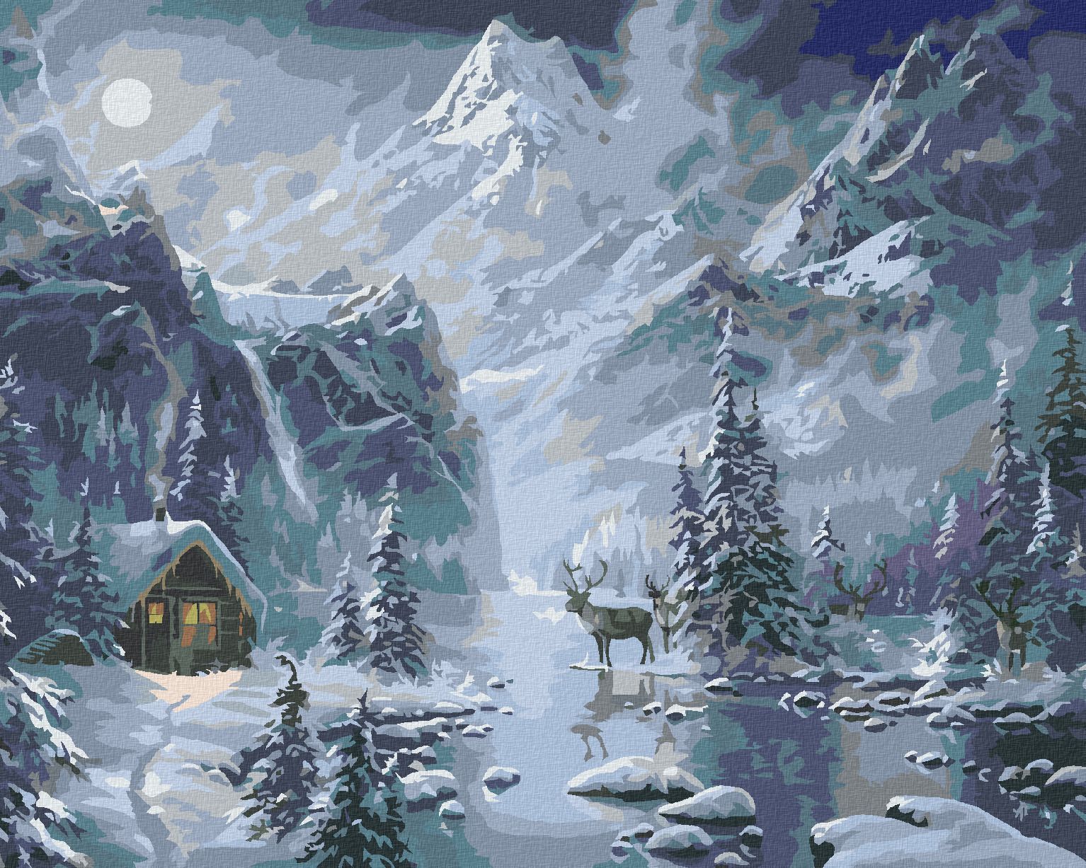 zuty Malování podle čísel - SOBI, CHATA A HORY V ZIMĚ (ABRAHAM HUNTER) - Rozměr: 40x50 cm, Rámování: Varianta: bez rámu a bez vypnutí plátna - obrázek 1