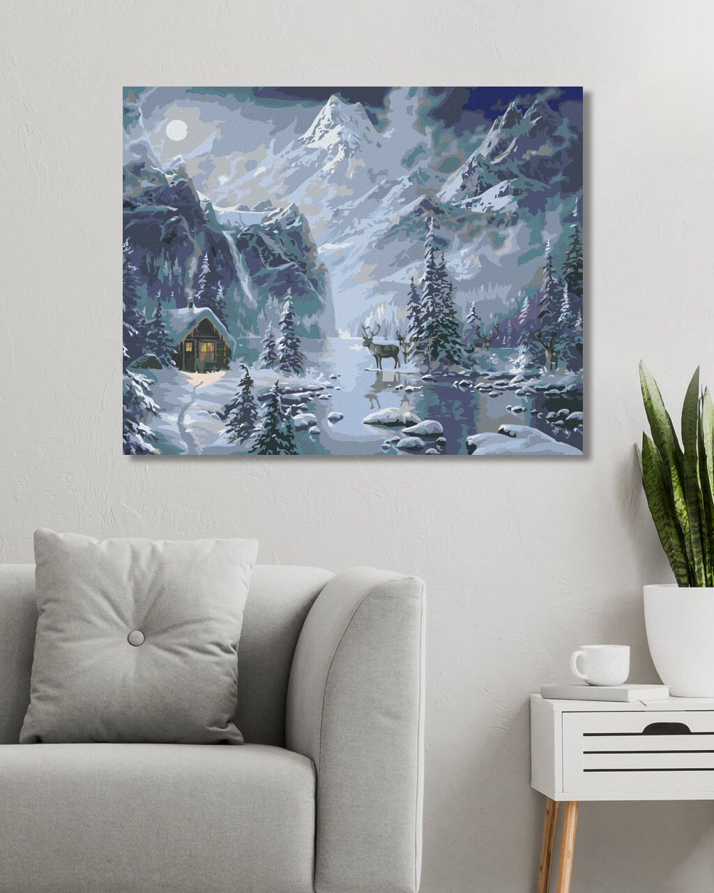 zuty Malování podle čísel - SOBI, CHATA A HORY V ZIMĚ (ABRAHAM HUNTER) - Rozměr: 40x50 cm, Rámování: Varianta: bez rámu a bez vypnutí plátna - obrázek 4