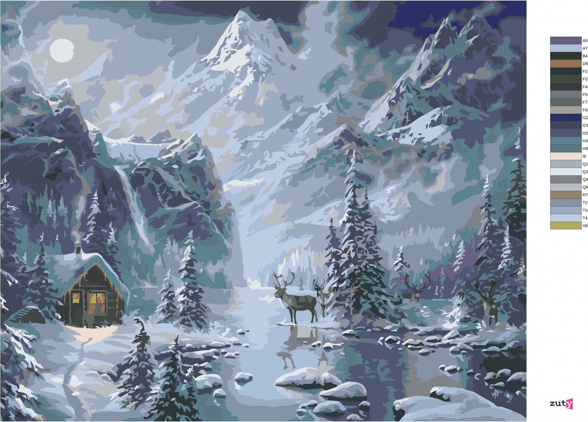 zuty Malování podle čísel - SOBI, CHATA A HORY V ZIMĚ (ABRAHAM HUNTER) - Rozměr: 40x50 cm, Rámování: Varianta: bez rámu a bez vypnutí plátna - obrázek 7