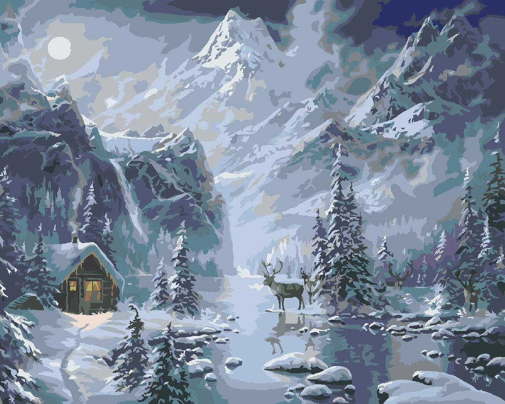 zuty Malování podle čísel - SOBI, CHATA A HORY V ZIMĚ (ABRAHAM HUNTER) - Rozměr: 40x50 cm, Rámování: Varianta: vypnuté plátno na rám - obrázek 6