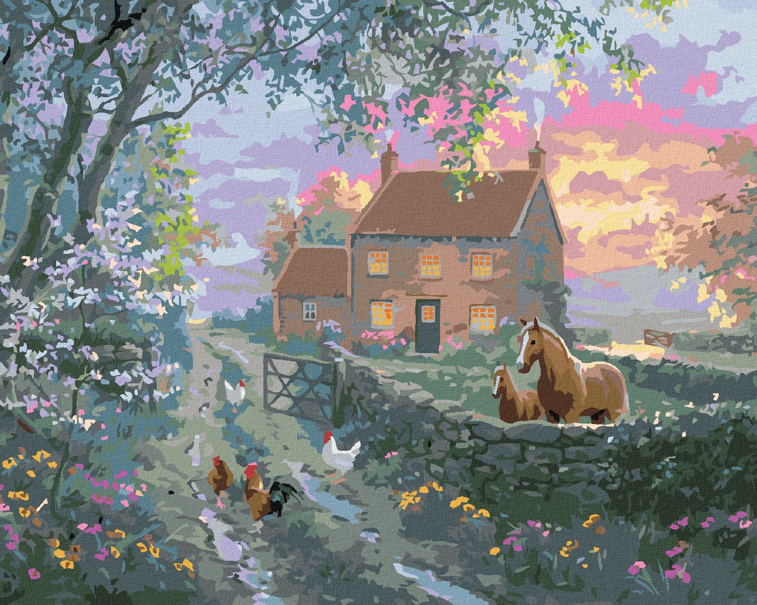 zuty Malování podle čísel - ANGLICKÝ STATEK, KŮŇ S HŘÍBĚTEM A SLEPICE S KOHOUTEM (ABRAHAM HUNTER) - Rozměr: 40x50 cm, Rámování: Varianta: vypnuté plátno na rám - obrázek 1