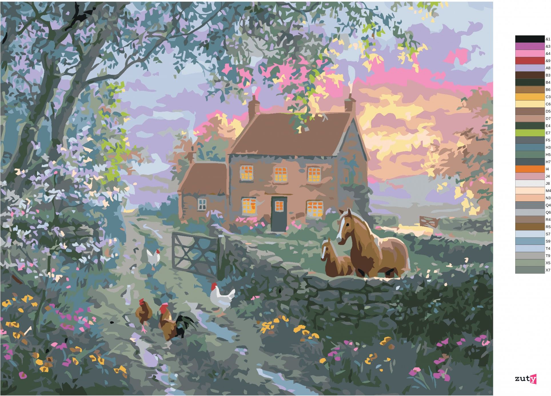 zuty Malování podle čísel - ANGLICKÝ STATEK, KŮŇ S HŘÍBĚTEM A SLEPICE S KOHOUTEM (ABRAHAM HUNTER) - Rozměr: 40x50 cm, Rámování: Varianta: vypnuté plátno na rám - obrázek 3