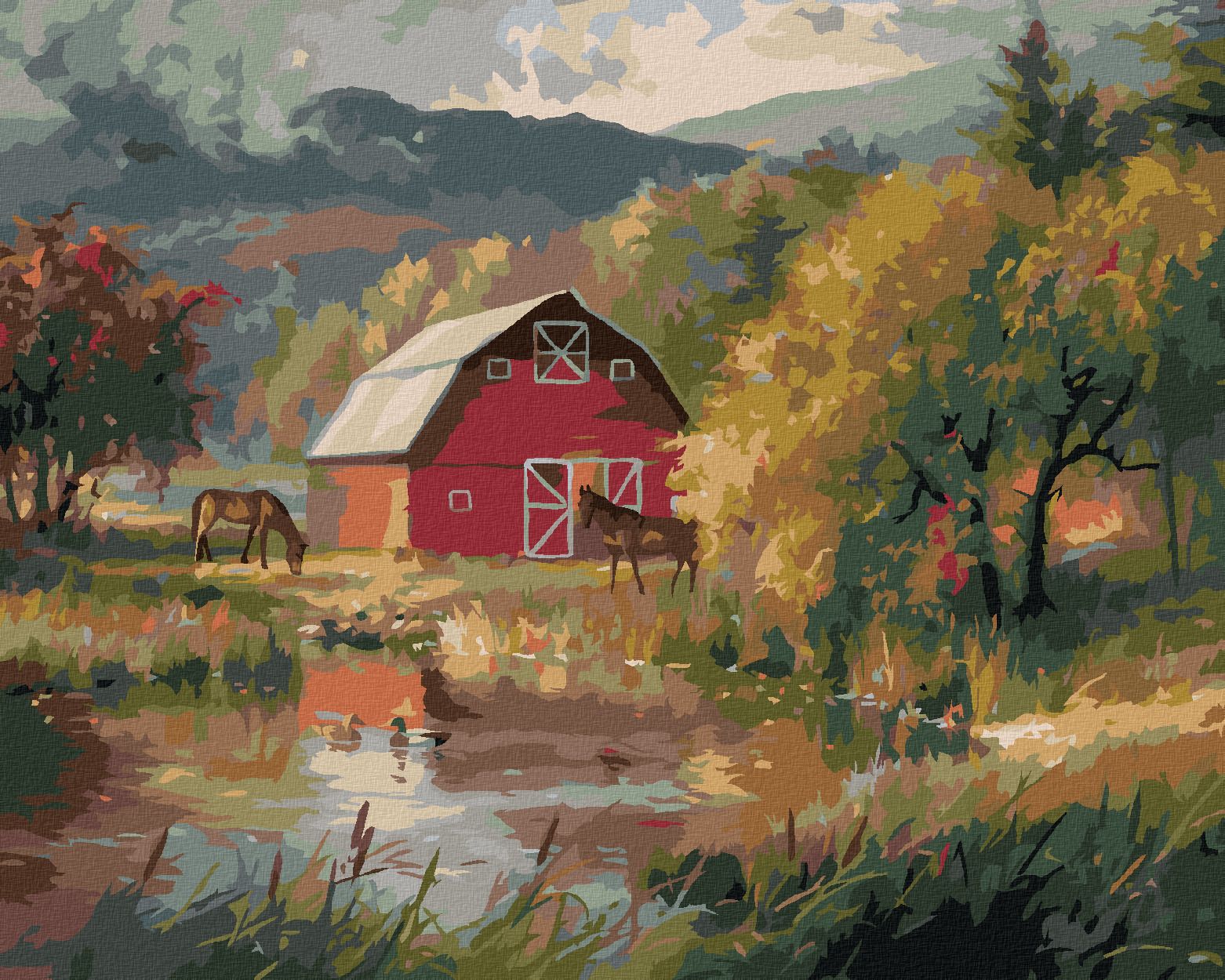 zuty Malování podle čísel - KONĚ U STÁJE A KACHNA NA RYBNÍKU (ABRAHAM HUNTER) - Rozměr: 40x50 cm, Rámování: Varianta: bez rámu a bez vypnutí plátna - obrázek 1