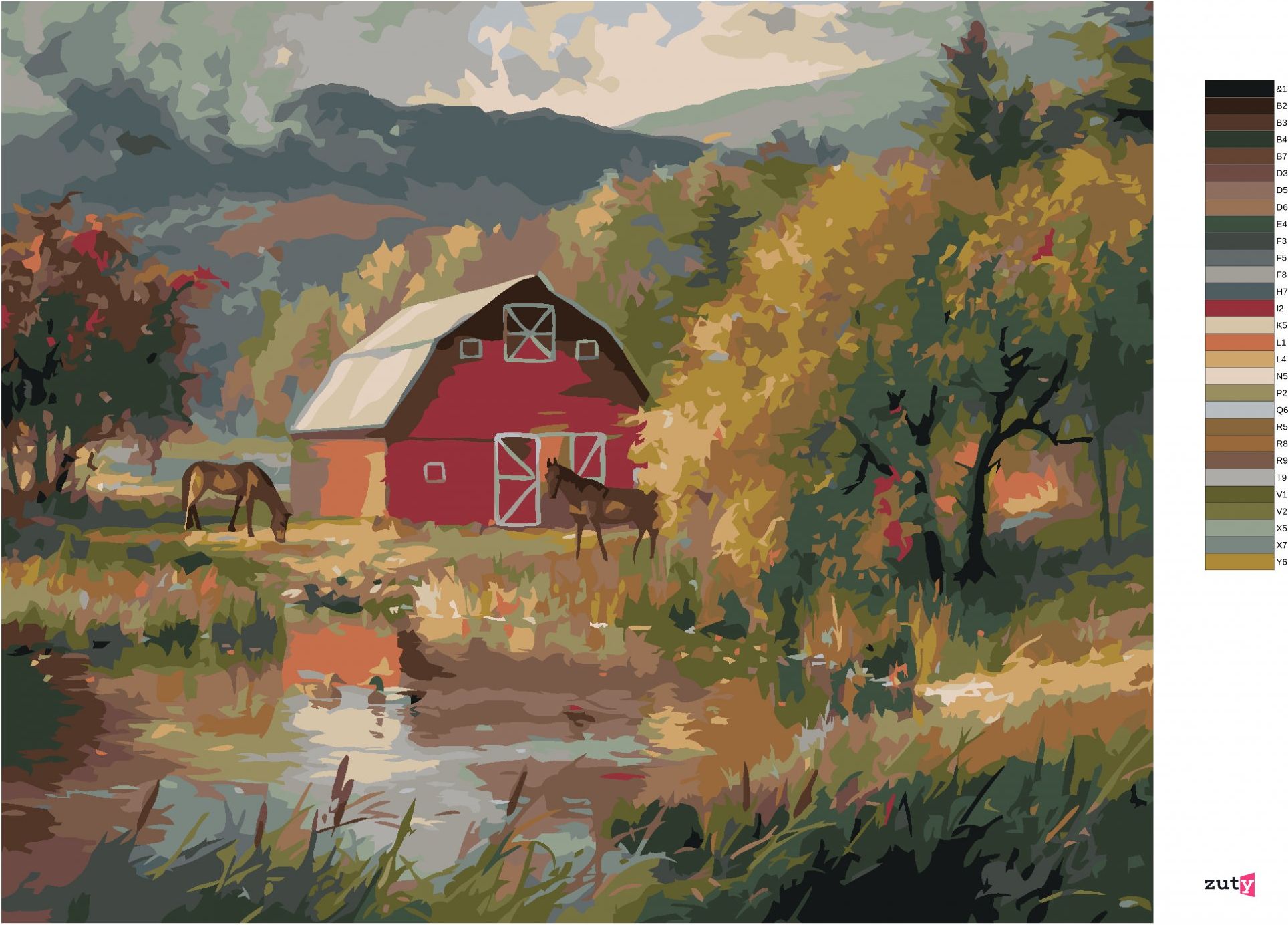 zuty Malování podle čísel - KONĚ U STÁJE A KACHNA NA RYBNÍKU (ABRAHAM HUNTER) - Rozměr: 40x50 cm, Rámování: Varianta: bez rámu a bez vypnutí plátna - obrázek 3