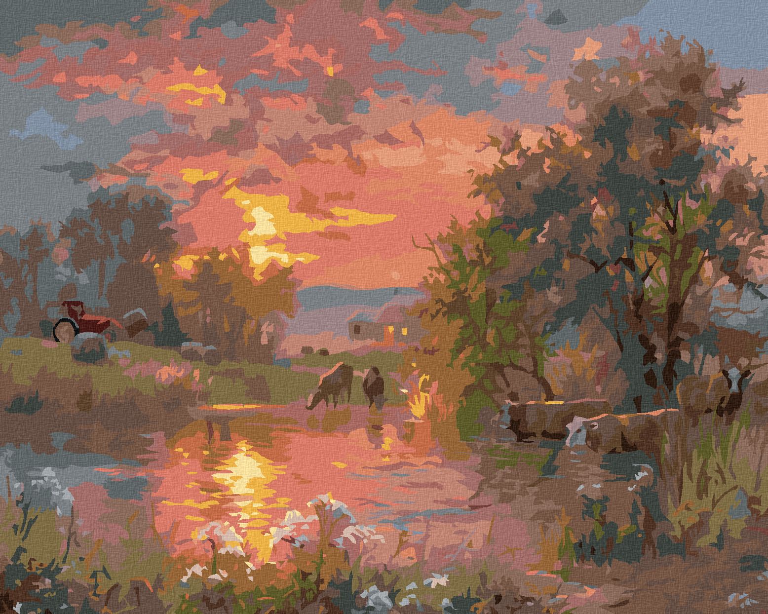 zuty Malování podle čísel - KRÁVY U RYBNÍKU A ZÁPAD SLUNCE (ABRAHAM HUNTER) - Rozměr: 40x50 cm, Rámování: Varianta: bez rámu a bez vypnutí plátna - obrázek 1