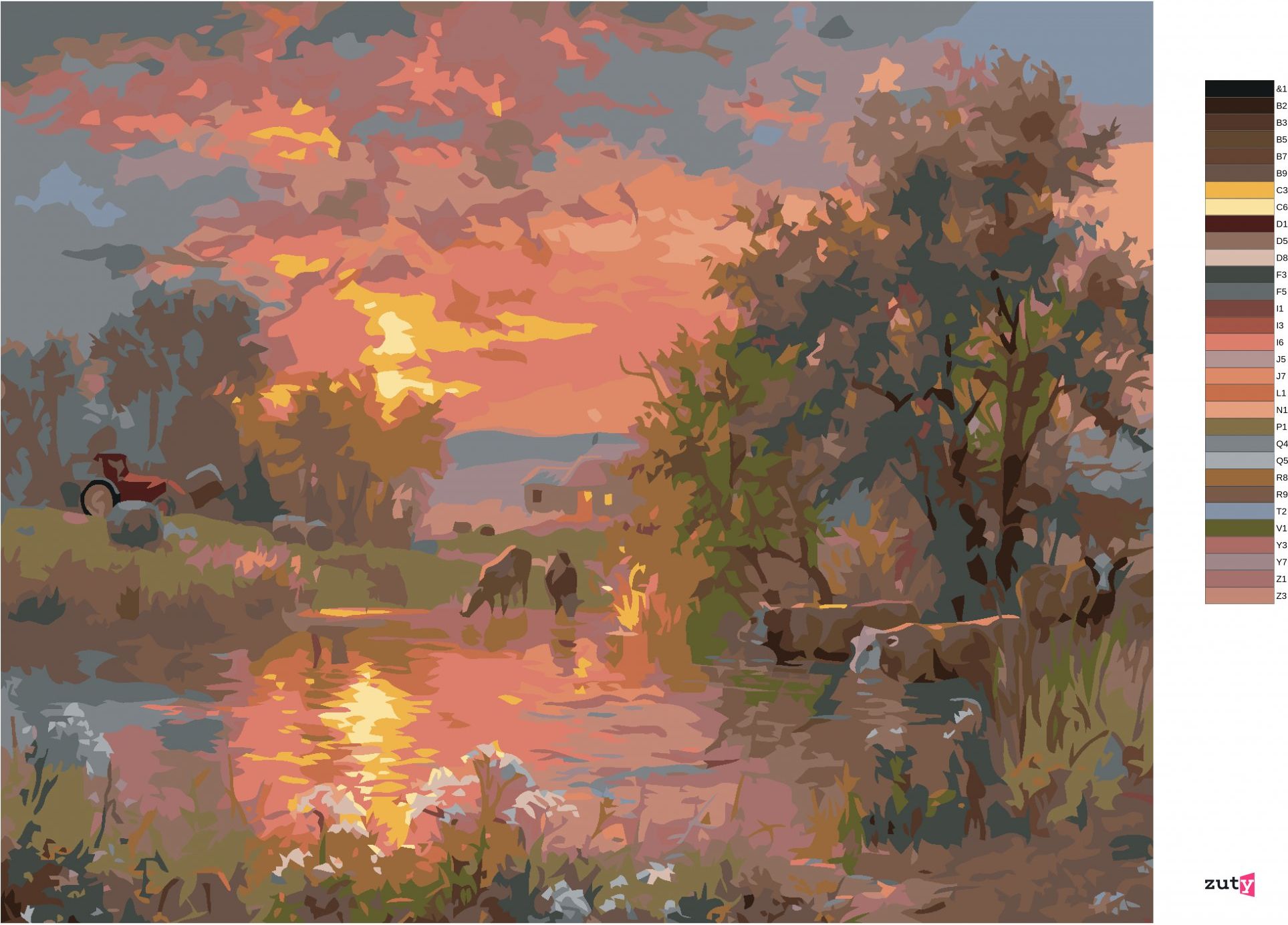 zuty Malování podle čísel - KRÁVY U RYBNÍKU A ZÁPAD SLUNCE (ABRAHAM HUNTER) - Rozměr: 40x50 cm, Rámování: Varianta: bez rámu a bez vypnutí plátna - obrázek 3