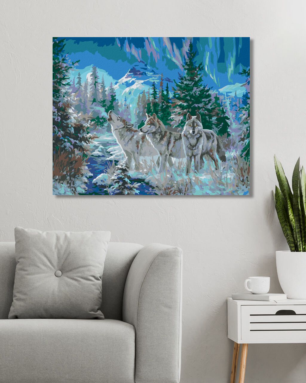 zuty Malování podle čísel - VLK, HORY, ŘEKA A POLÁRNÍ ZÁŘE (ABRAHAM HUNTER) - Rozměr: 40x50 cm, Rámování: Varianta: bez rámu a bez vypnutí plátna - obrázek 3