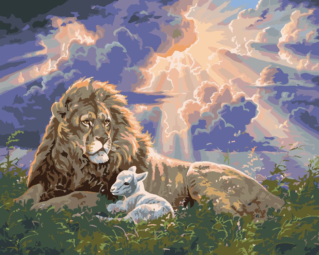 zuty Malování podle čísel - LEV A JEHNĚ PŘI VÝCHODU SLUNCE (ABRAHAM HUNTER) - Rozměr: 40x50 cm, Rámování: Varianta: vypnuté plátno na rám - obrázek 2