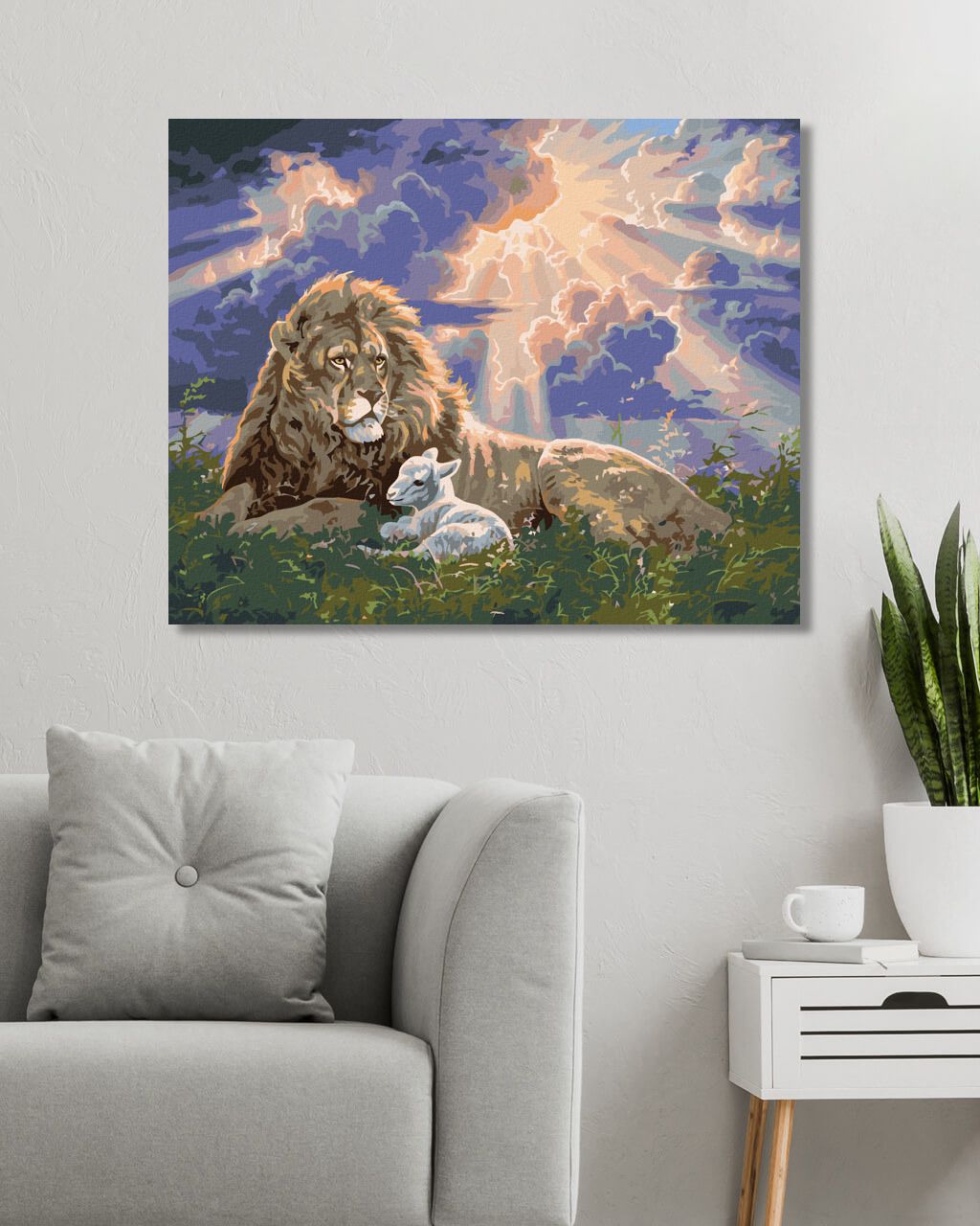 zuty Malování podle čísel - LEV A JEHNĚ PŘI VÝCHODU SLUNCE (ABRAHAM HUNTER) - Rozměr: 40x50 cm, Rámování: Varianta: vypnuté plátno na rám - obrázek 4