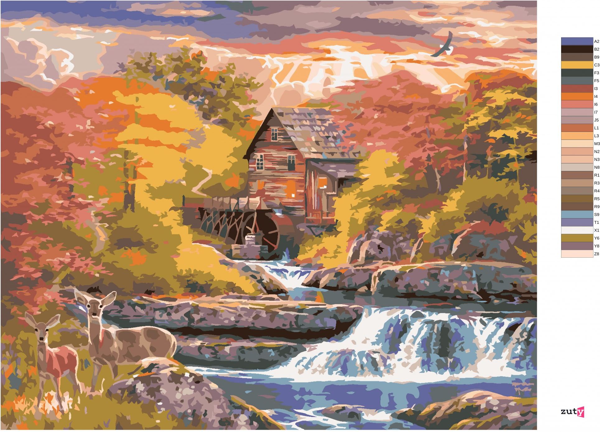 zuty Malování podle čísel - SRNA, VODNÍ MLÝN, ŘEKA A VÝCHOD SLUNCE (ABRAHAM HUNTER) - Rozměr: 40x50 cm, Rámování: Varianta: vypnuté plátno na rám - obrázek 9