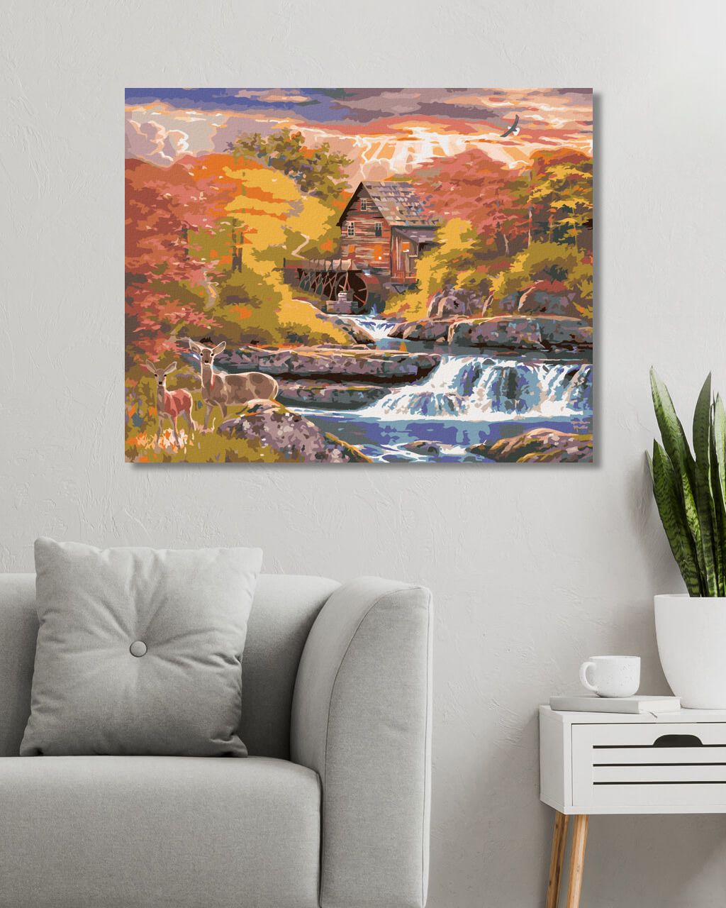 zuty Malování podle čísel - SRNA, VODNÍ MLÝN, ŘEKA A VÝCHOD SLUNCE (ABRAHAM HUNTER) - Rozměr: 40x50 cm, Rámování: Varianta: vypnuté plátno na rám - obrázek 10