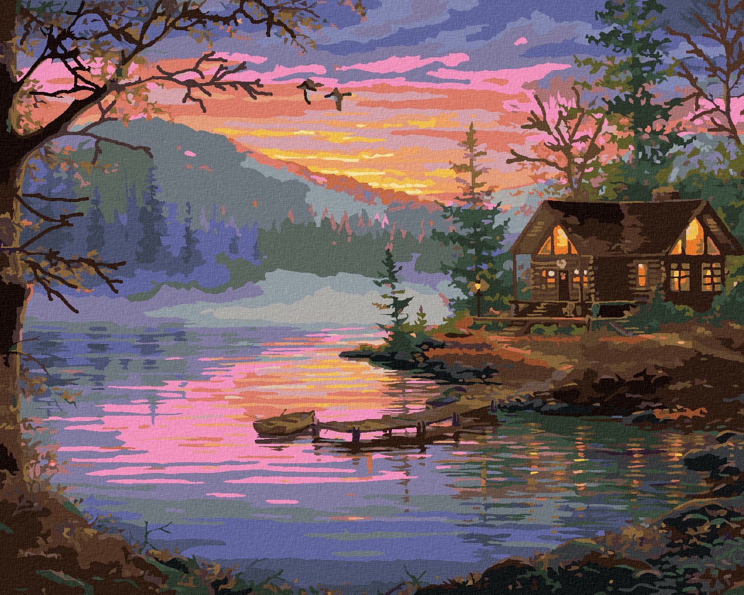 zuty Malování podle čísel - MOLO, JEZERO A ZÁPAD SLUNCE (ABRAHAM HUNTER) - Rozměr: 40x50 cm, Rámování: Varianta: vypnuté plátno na rám - obrázek 1