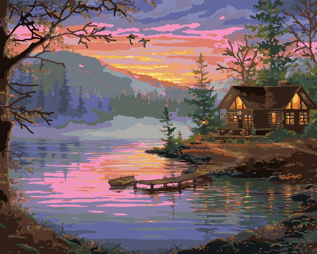 zuty Malování podle čísel - MOLO, JEZERO A ZÁPAD SLUNCE (ABRAHAM HUNTER) - Rozměr: 40x50 cm, Rámování: Varianta: vypnuté plátno na rám - obrázek 2