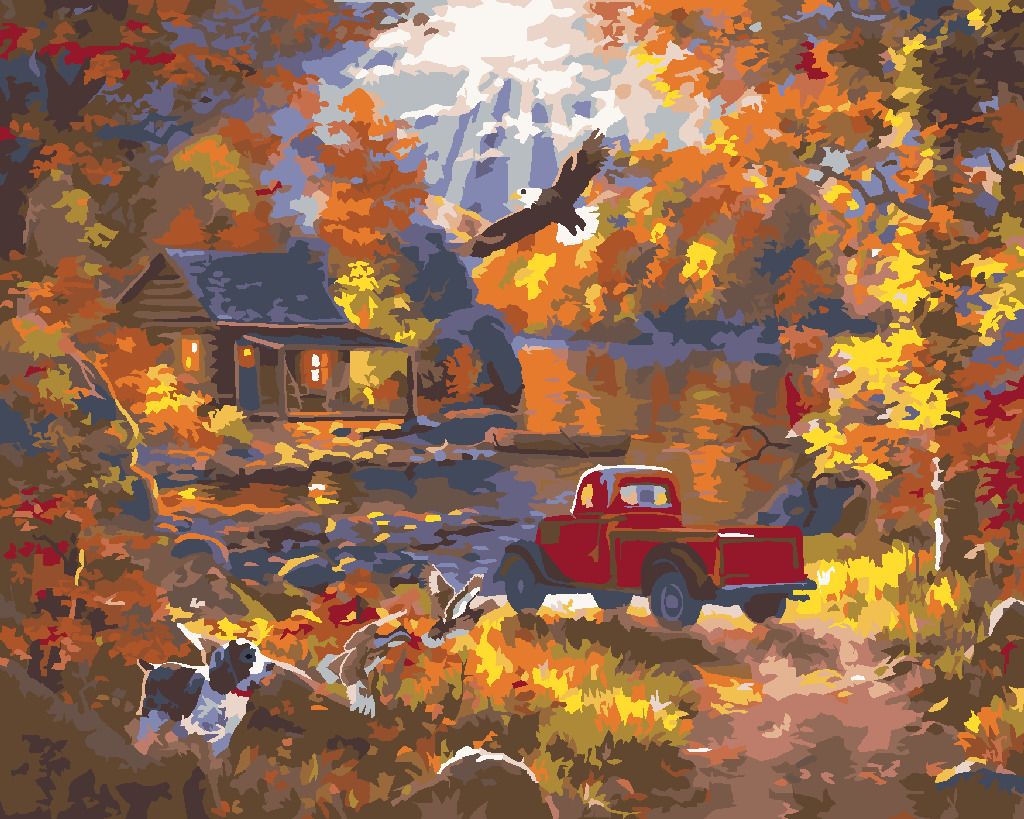 zuty Malování podle čísel - OREL, KACHNA, PES A ČERVENÉ AUTO U JEZERA A ZÁPAD SLUNCE (ABRAHAM HUNTER) - Rozměr: 40x50 cm, Rámování: Varianta: vypnuté plátno na rám - obrázek 8