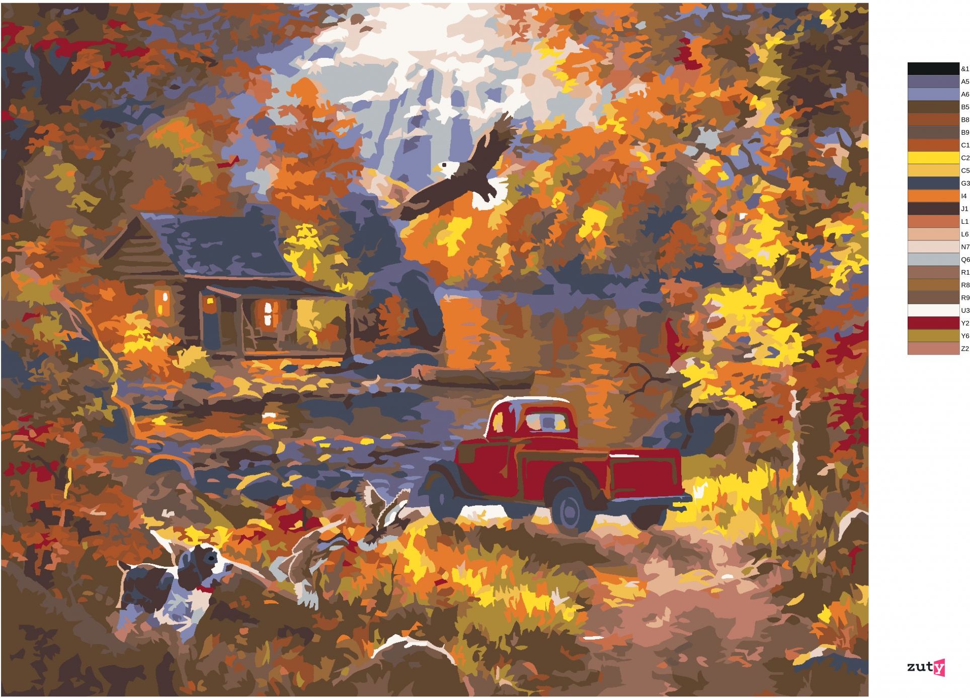 zuty Malování podle čísel - OREL, KACHNA, PES A ČERVENÉ AUTO U JEZERA A ZÁPAD SLUNCE (ABRAHAM HUNTER) - Rozměr: 40x50 cm, Rámování: Varianta: vypnuté plátno na rám - obrázek 10