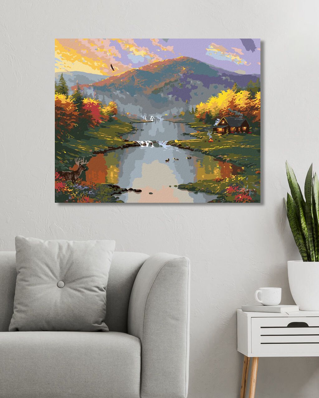 zuty Malování podle čísel - JELEN, ŘEKA, HORY A PODZIMNÍ STROMY (ABRAHAM HUNTER) - Rozměr: 40x50 cm, Rámování: Varianta: vypnuté plátno na rám - obrázek 10