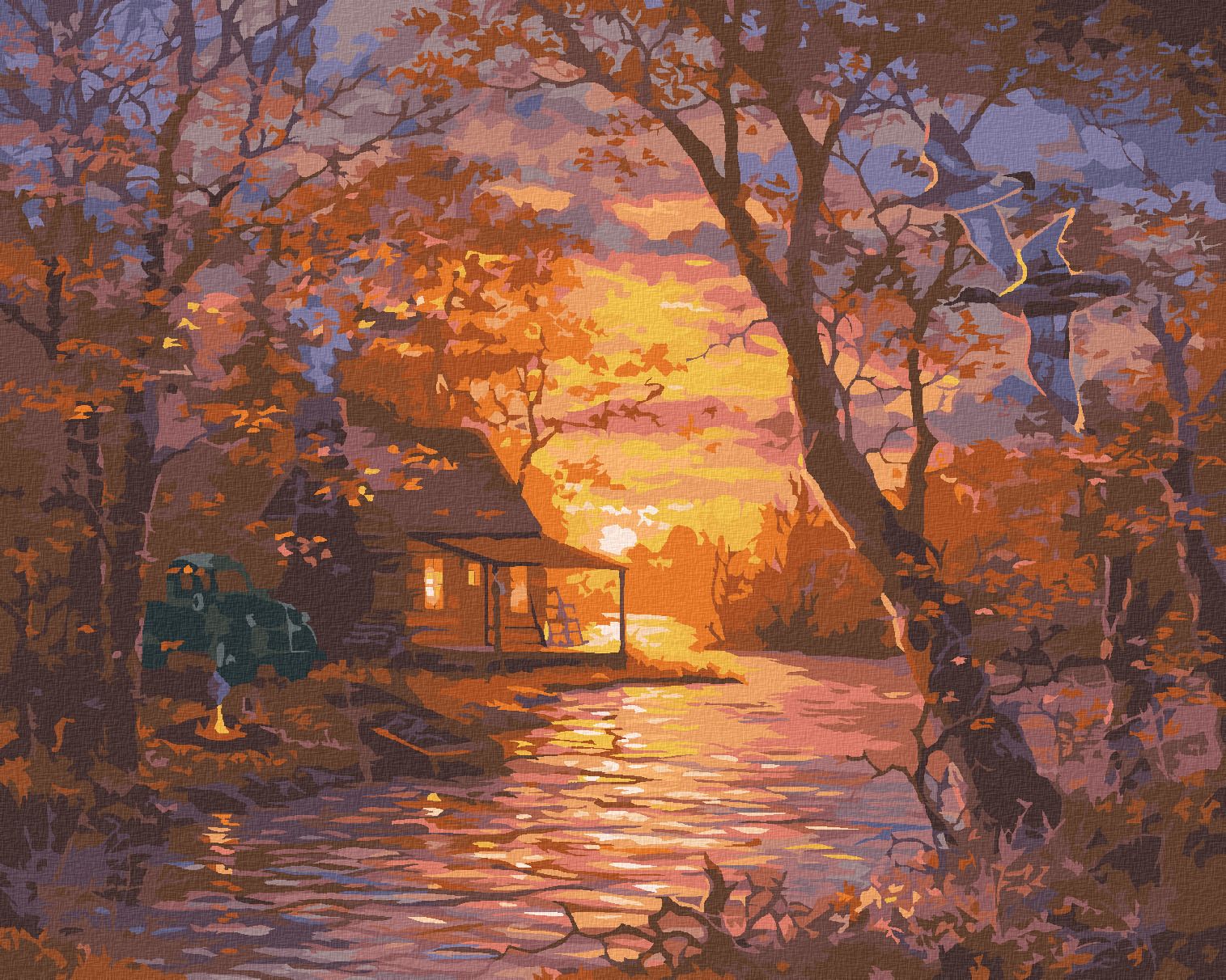 zuty Malování podle čísel - KACHNA, CHATA, JEZERO A ZÁPAD SLUNCE (ABRAHAM HUNTER) - Rozměr: 40x50 cm, Rámování: Varianta: bez rámu a bez vypnutí plátna - obrázek 1