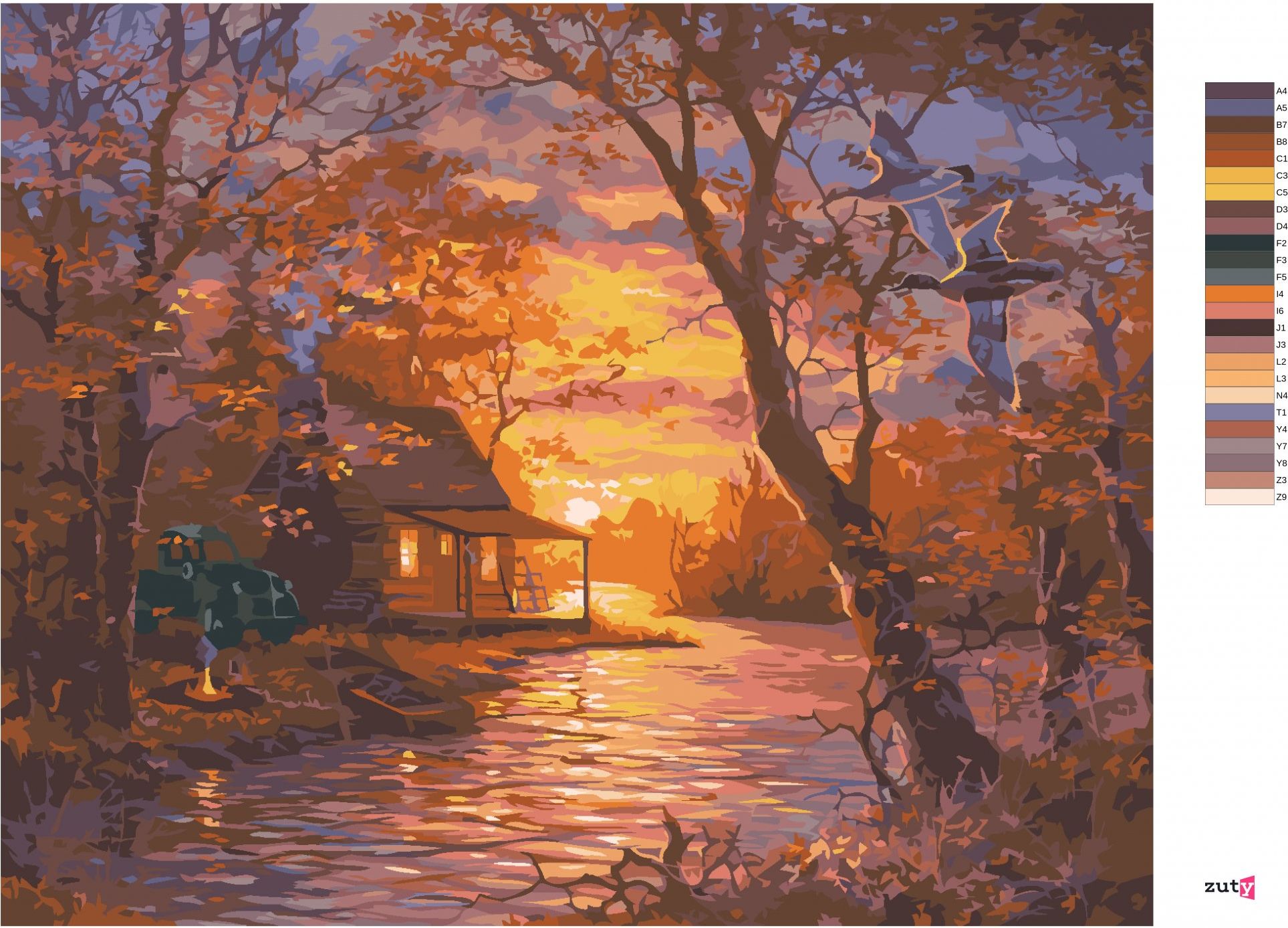 zuty Malování podle čísel - KACHNA, CHATA, JEZERO A ZÁPAD SLUNCE (ABRAHAM HUNTER) - Rozměr: 40x50 cm, Rámování: Varianta: bez rámu a bez vypnutí plátna - obrázek 2