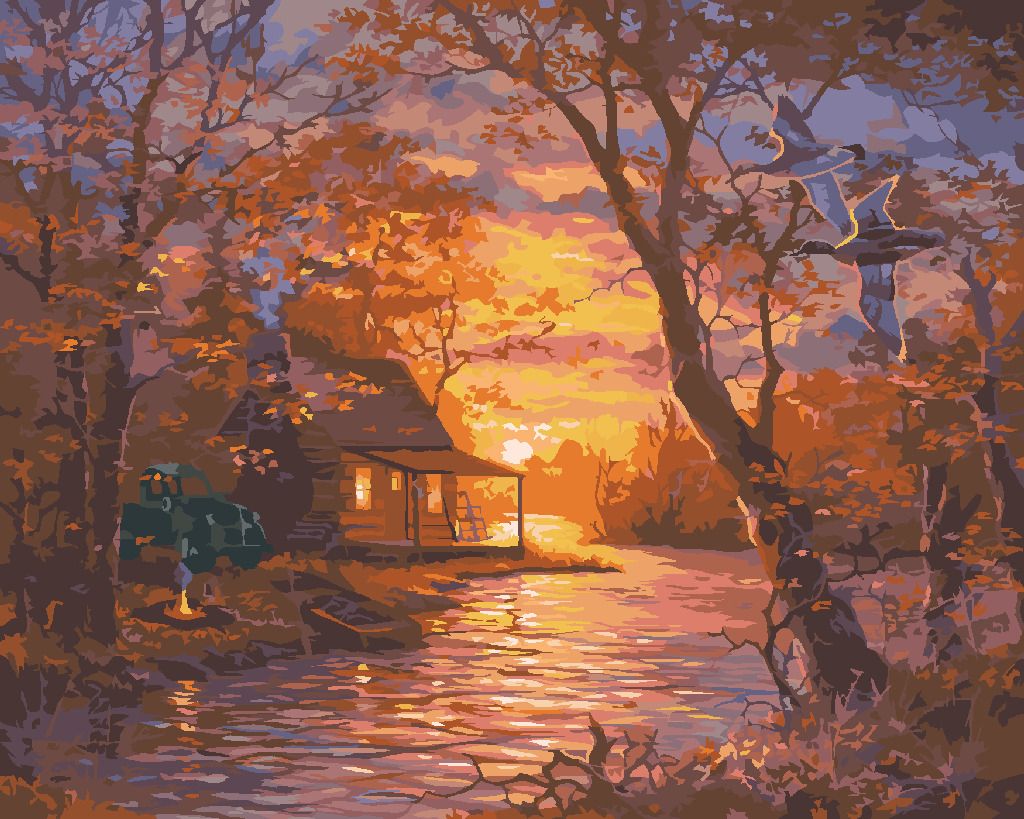 zuty Malování podle čísel - KACHNA, CHATA, JEZERO A ZÁPAD SLUNCE (ABRAHAM HUNTER) - Rozměr: 40x50 cm, Rámování: Varianta: bez rámu a bez vypnutí plátna - obrázek 8