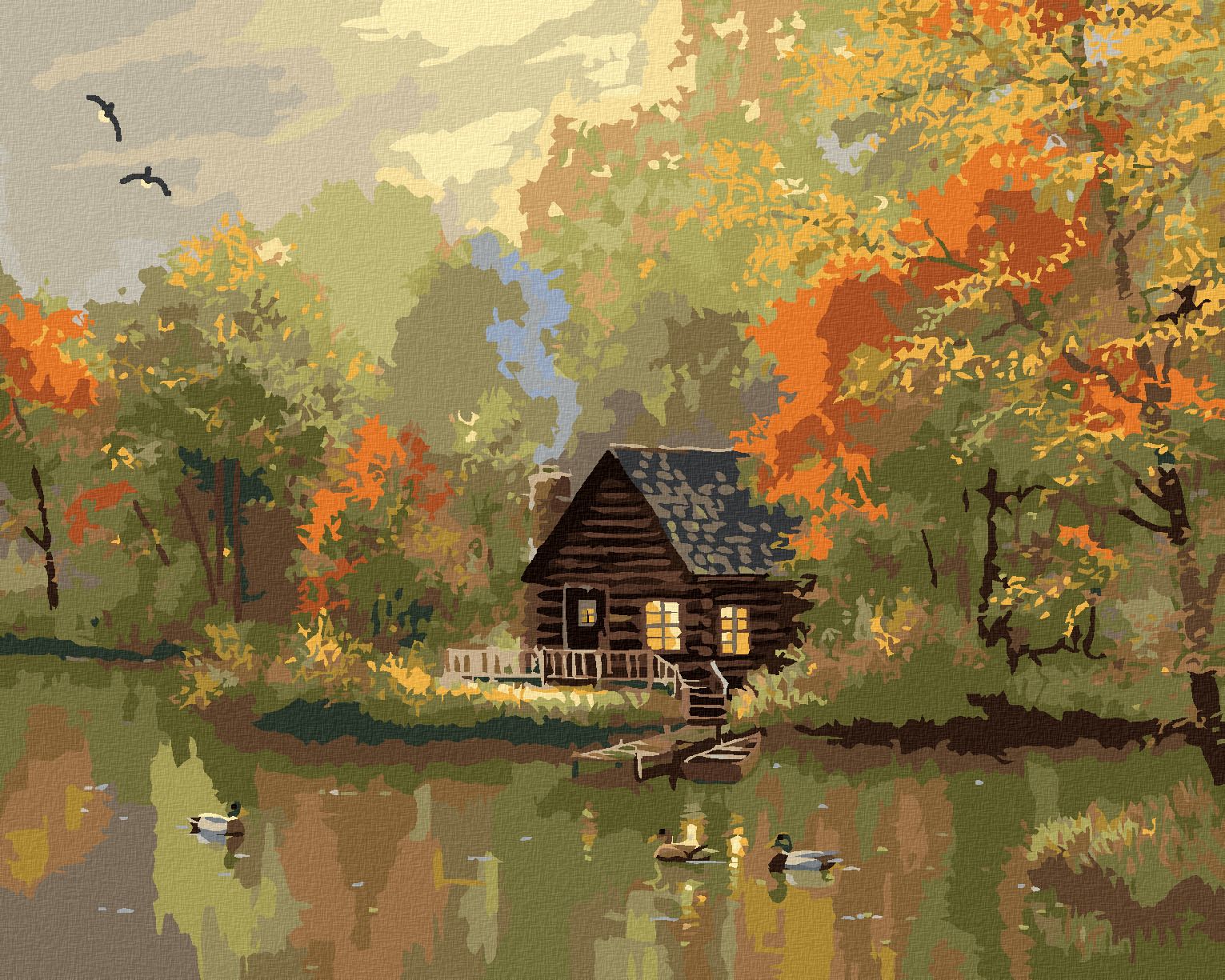 zuty Malování podle čísel - KACHNA, JEZERO, CHATA A PODZIMNÍ STROMY (ABRAHAM HUNTER) - Rozměr: 40x50 cm, Rámování: Varianta: vypnuté plátno na rám - obrázek 1