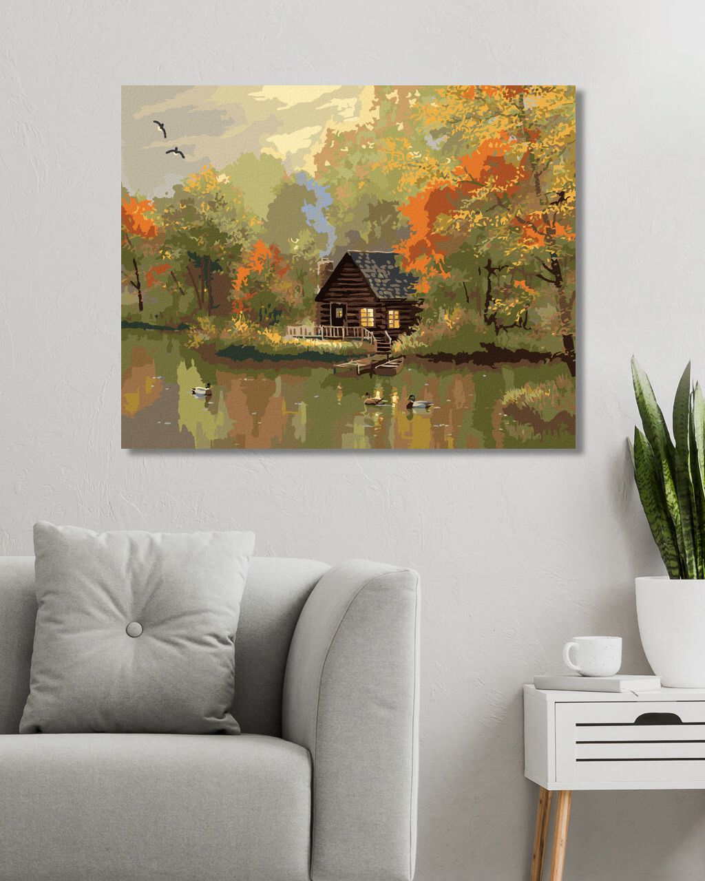zuty Malování podle čísel - KACHNA, JEZERO, CHATA A PODZIMNÍ STROMY (ABRAHAM HUNTER) - Rozměr: 40x50 cm, Rámování: Varianta: vypnuté plátno na rám - obrázek 2