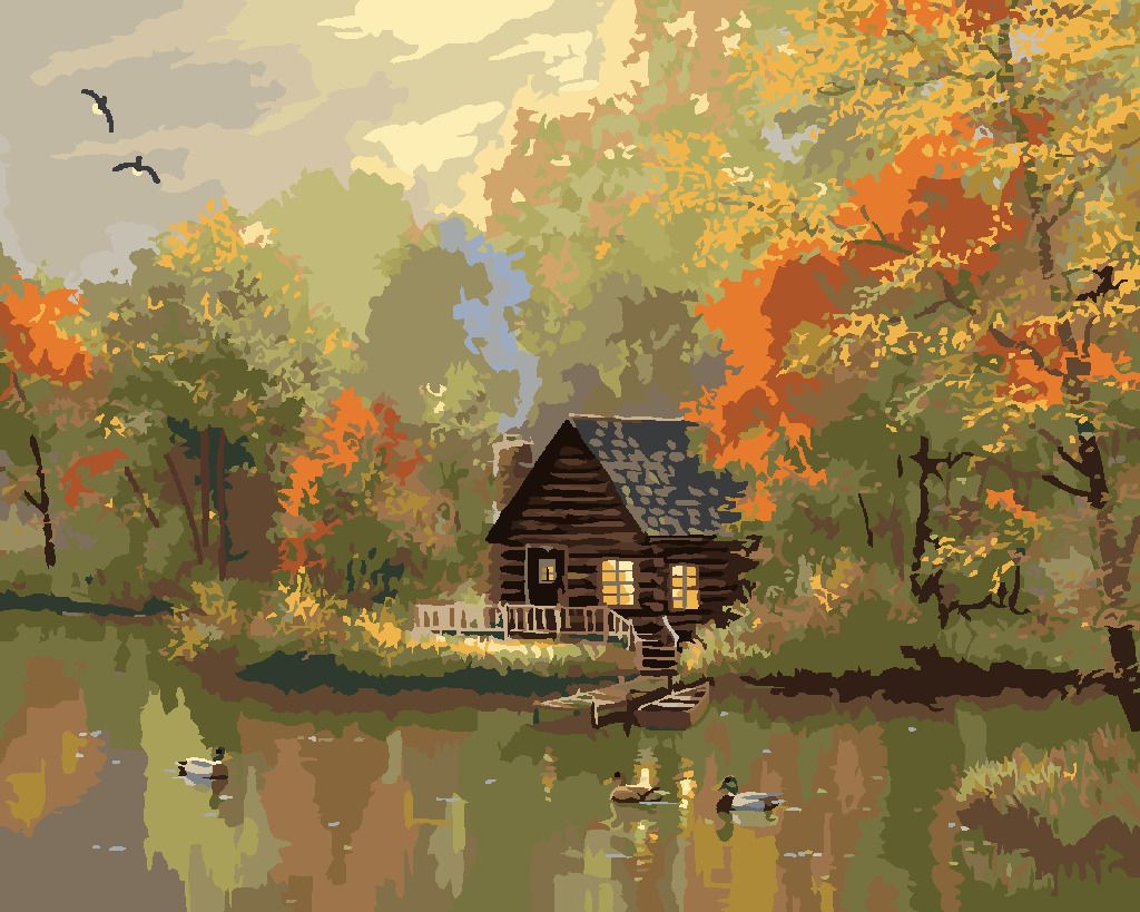 zuty Malování podle čísel - KACHNA, JEZERO, CHATA A PODZIMNÍ STROMY (ABRAHAM HUNTER) - Rozměr: 40x50 cm, Rámování: Varianta: vypnuté plátno na rám - obrázek 5