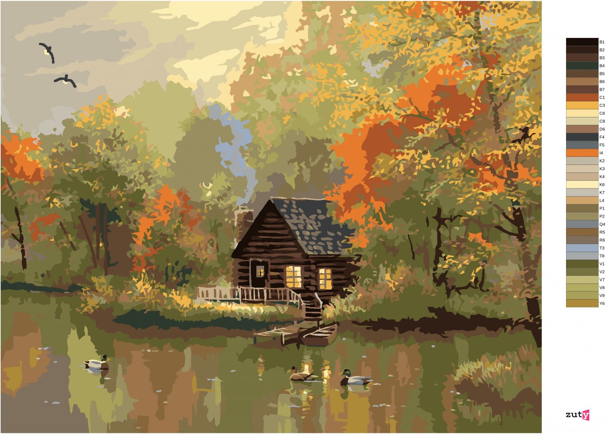 zuty Malování podle čísel - KACHNA, JEZERO, CHATA A PODZIMNÍ STROMY (ABRAHAM HUNTER) - Rozměr: 40x50 cm, Rámování: Varianta: vypnuté plátno na rám - obrázek 7