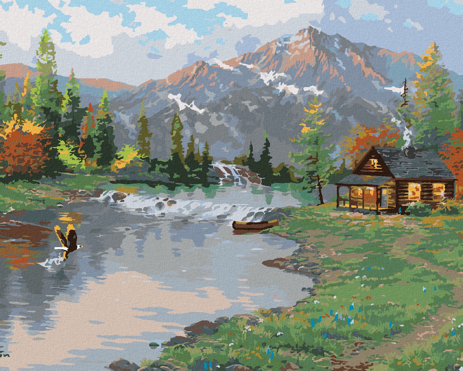 zuty Malování podle čísel - OREL, ŘEKA, CHATA A HORY (ABRAHAM HUNTER) - Rozměr: 40x50 cm, Rámování: Varianta: vypnuté plátno na rám - obrázek 1